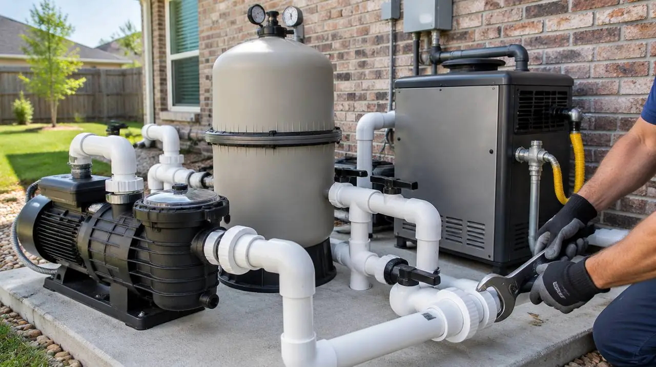 Pool equipment beside a residential pool